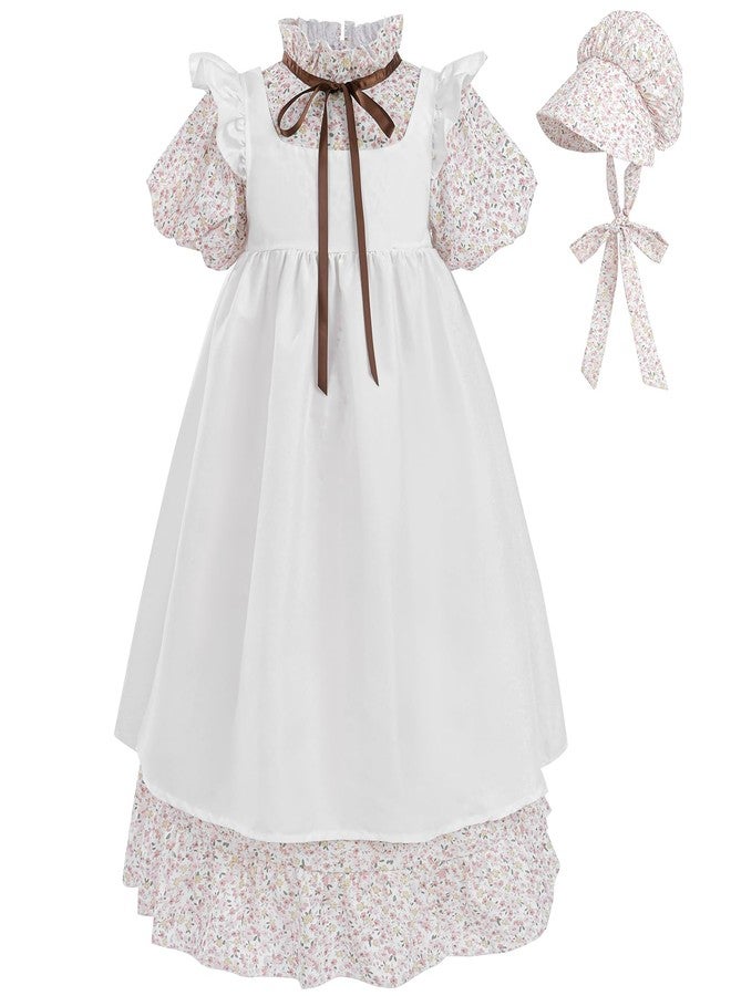 FCCAM FCCAM FCCAM Pioneer Dresses for Girls Floral Ruffle Prairie Colonial Costume with High Waist Apron Pink S Age Over 4 Years Old - Image 1